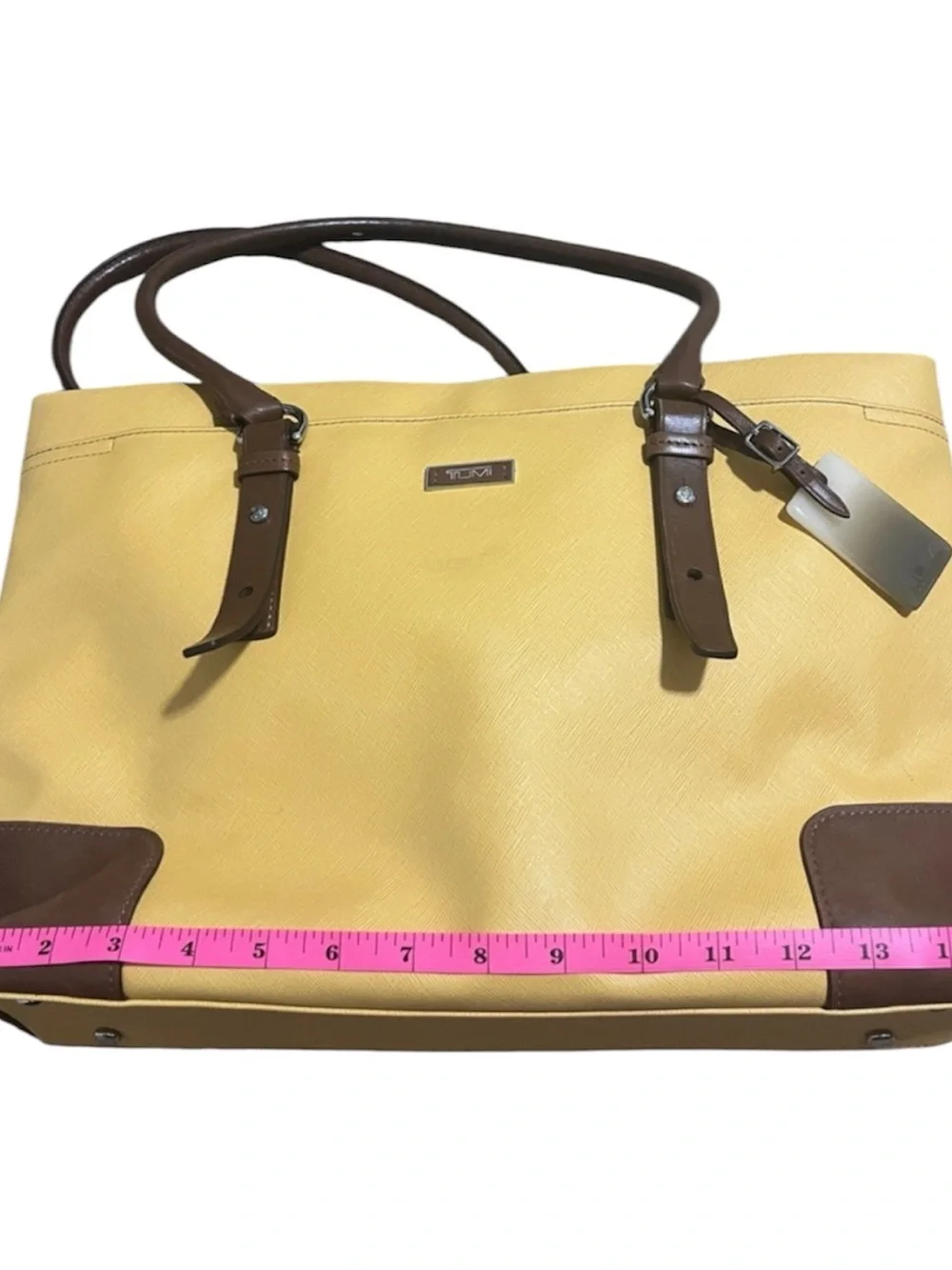 Tumi Yellow Tote with Tan Leather Pull and Silver Hardware